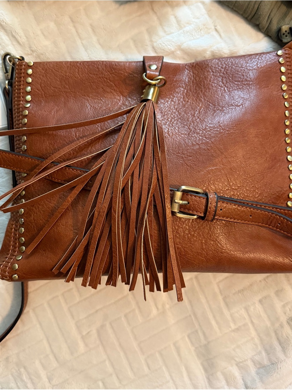 Brown Leather Fringe Crossbody Bag with Stud Accents